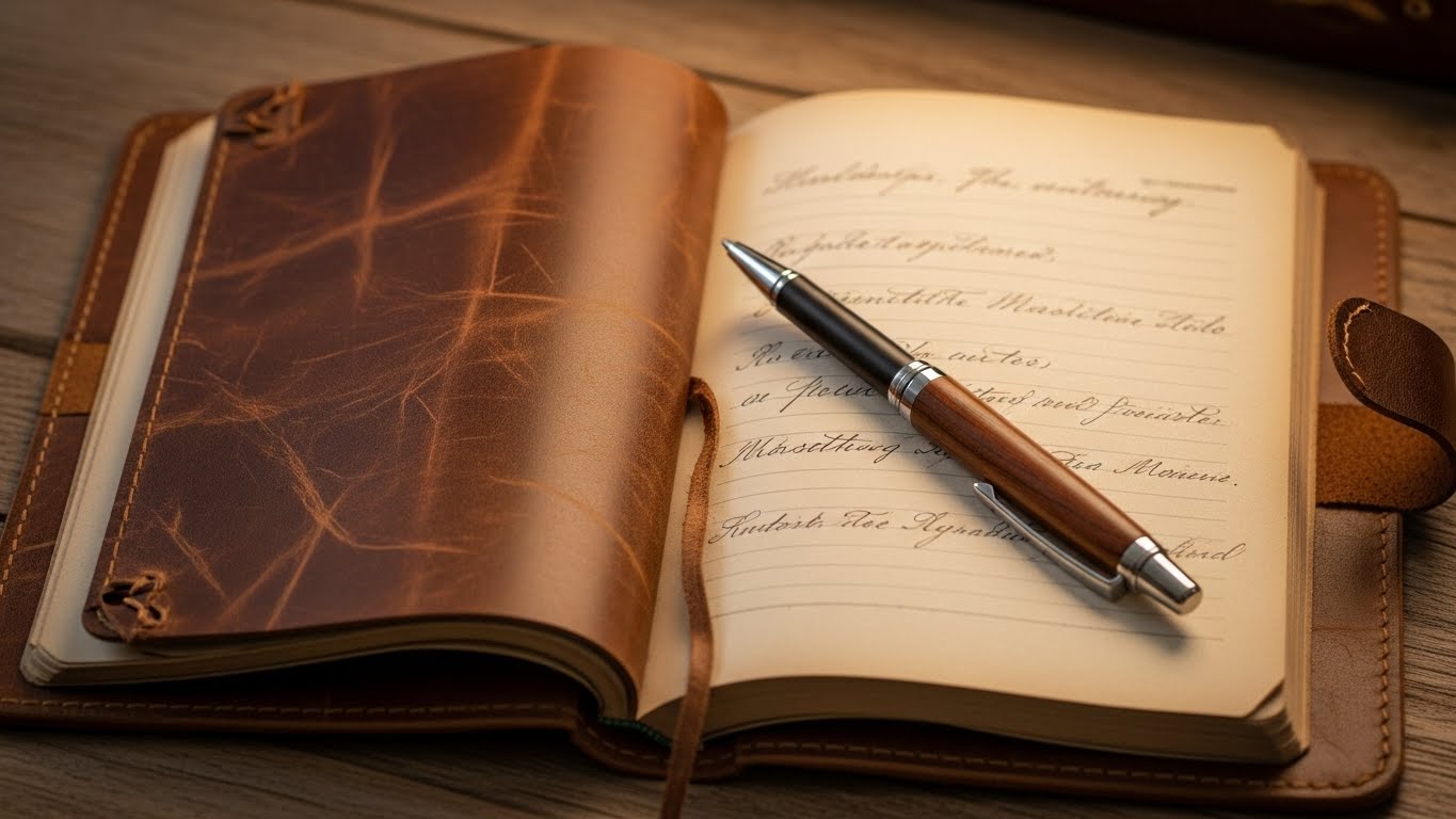 Caderno de Couro Genuíno e Caneta Esferográfica de Luxo