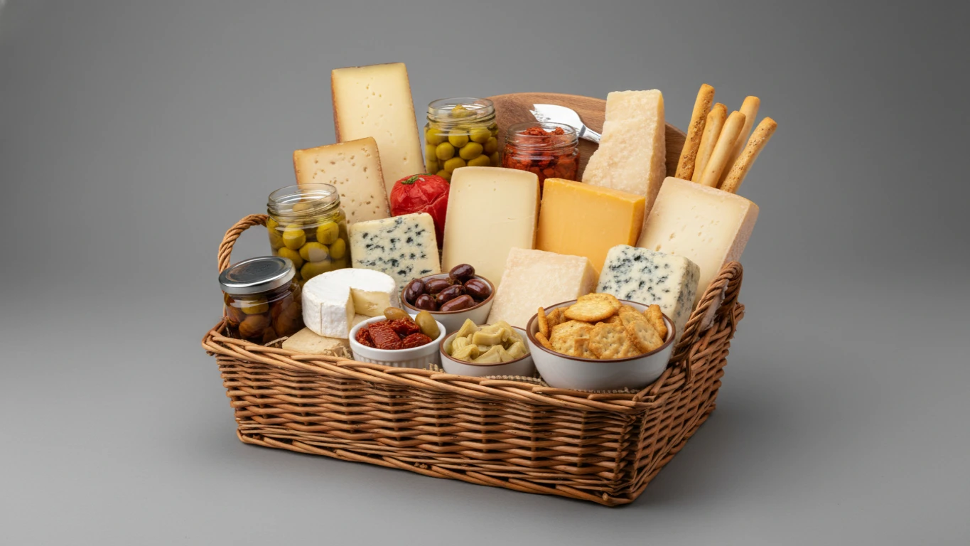 Cesta Gourmet Seleção de Queijos e Antepastos