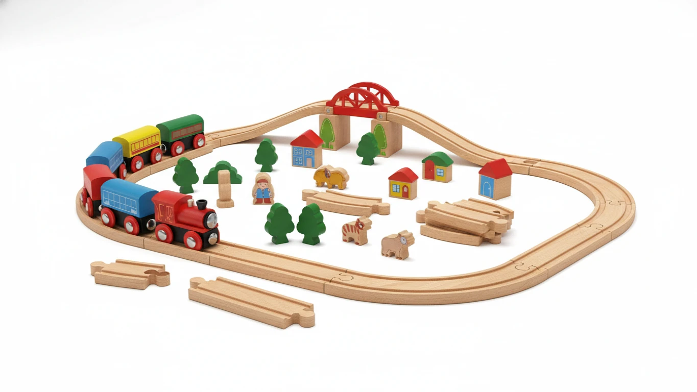 Conjunto de Trem de Madeira com Trilhos e Acessórios