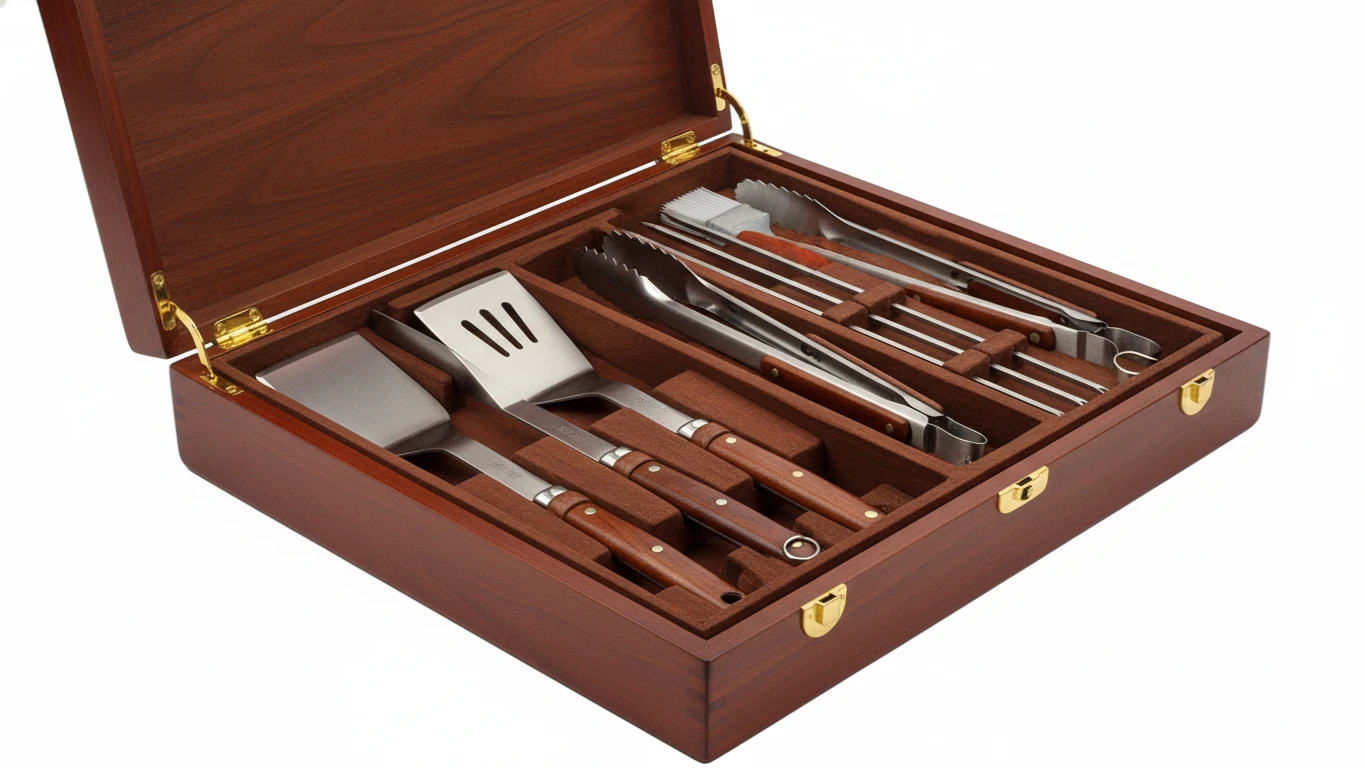 Kit de Ferramentas de Churrasco em Estojo de Madeira