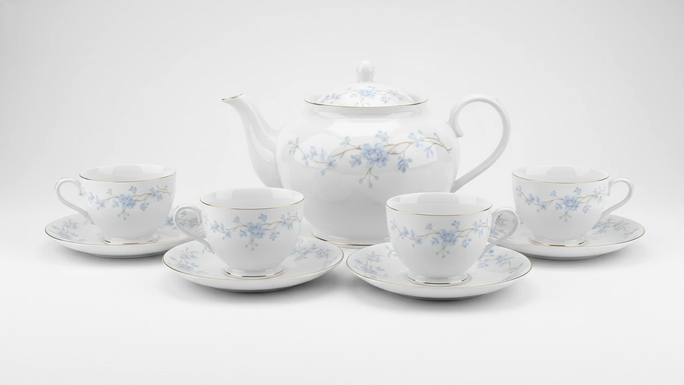 Kit de Xícaras e Bule de Chá em Porcelana Fina