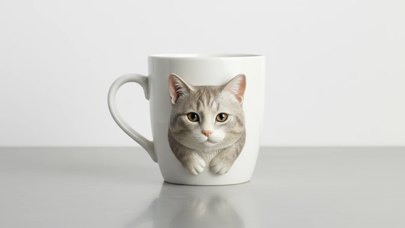 Caneca de Porcelana com Gatinho 3D
