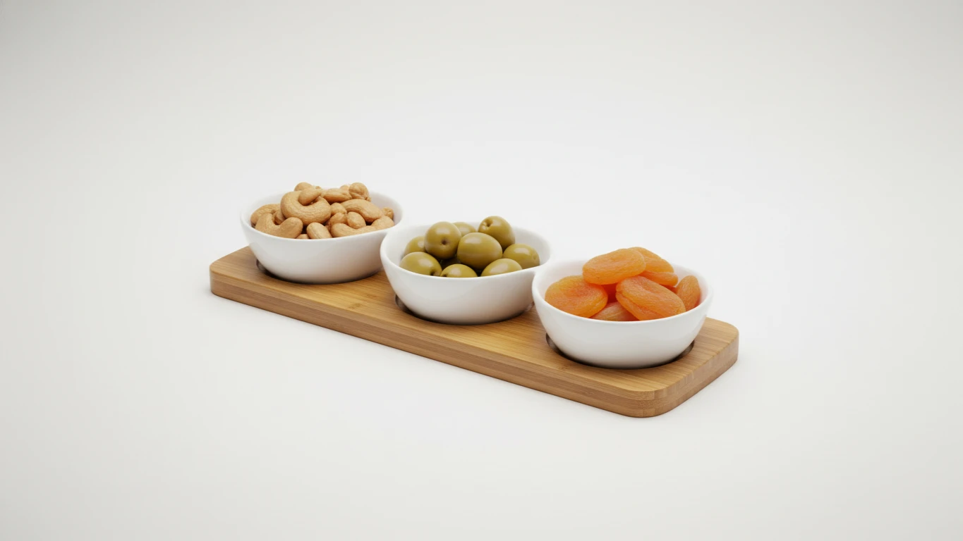 Conjunto de Petisqueiras em Porcelana com Tábua de Bambu