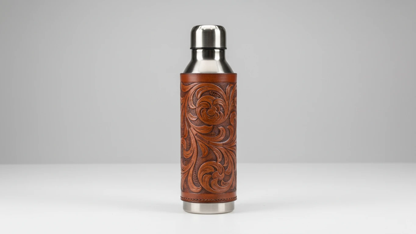 Garrafa Térmica Revestida em Couro Trabalhado