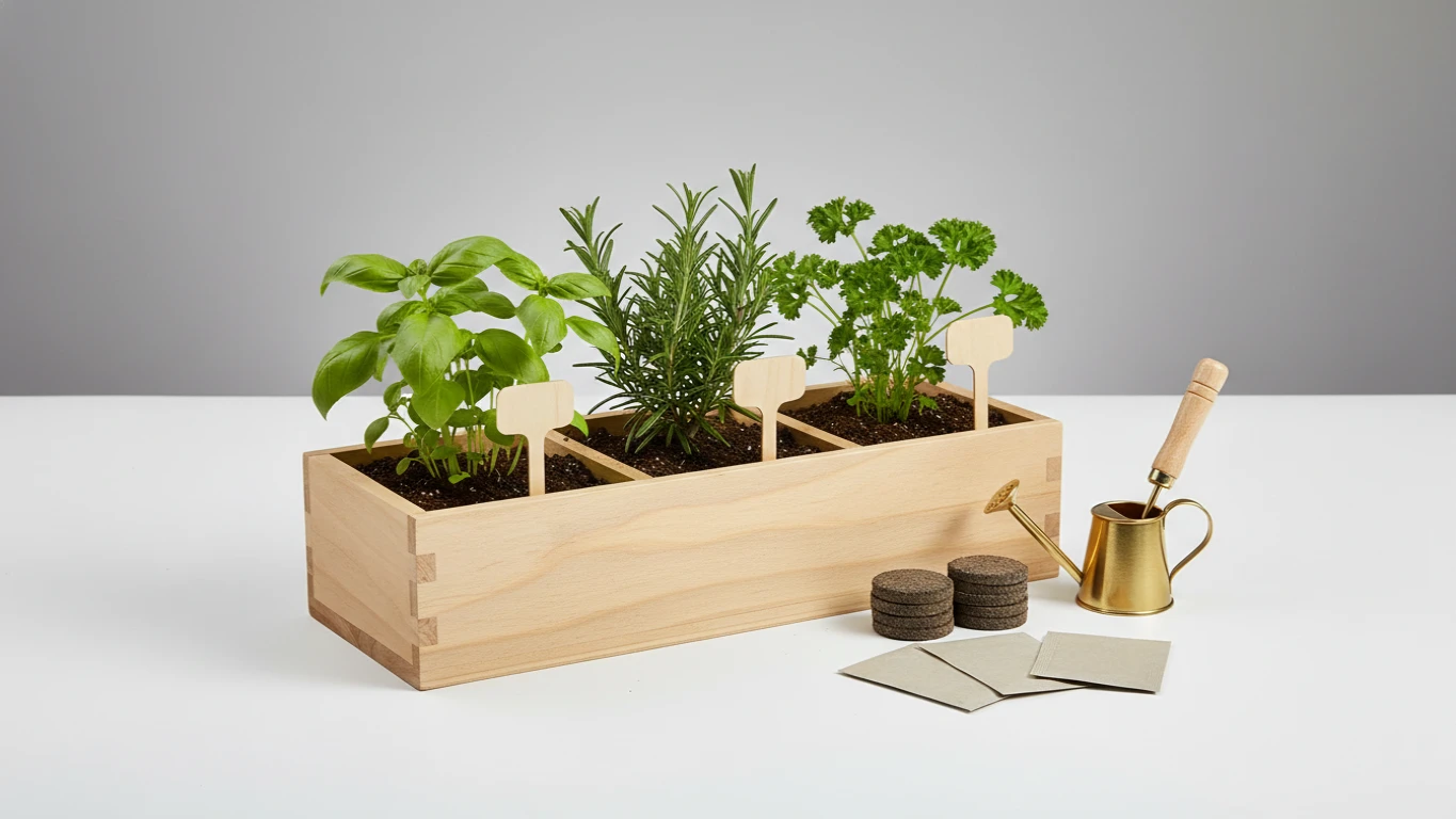 Kit de Cultivo de Ervas em Jardineira de Madeira