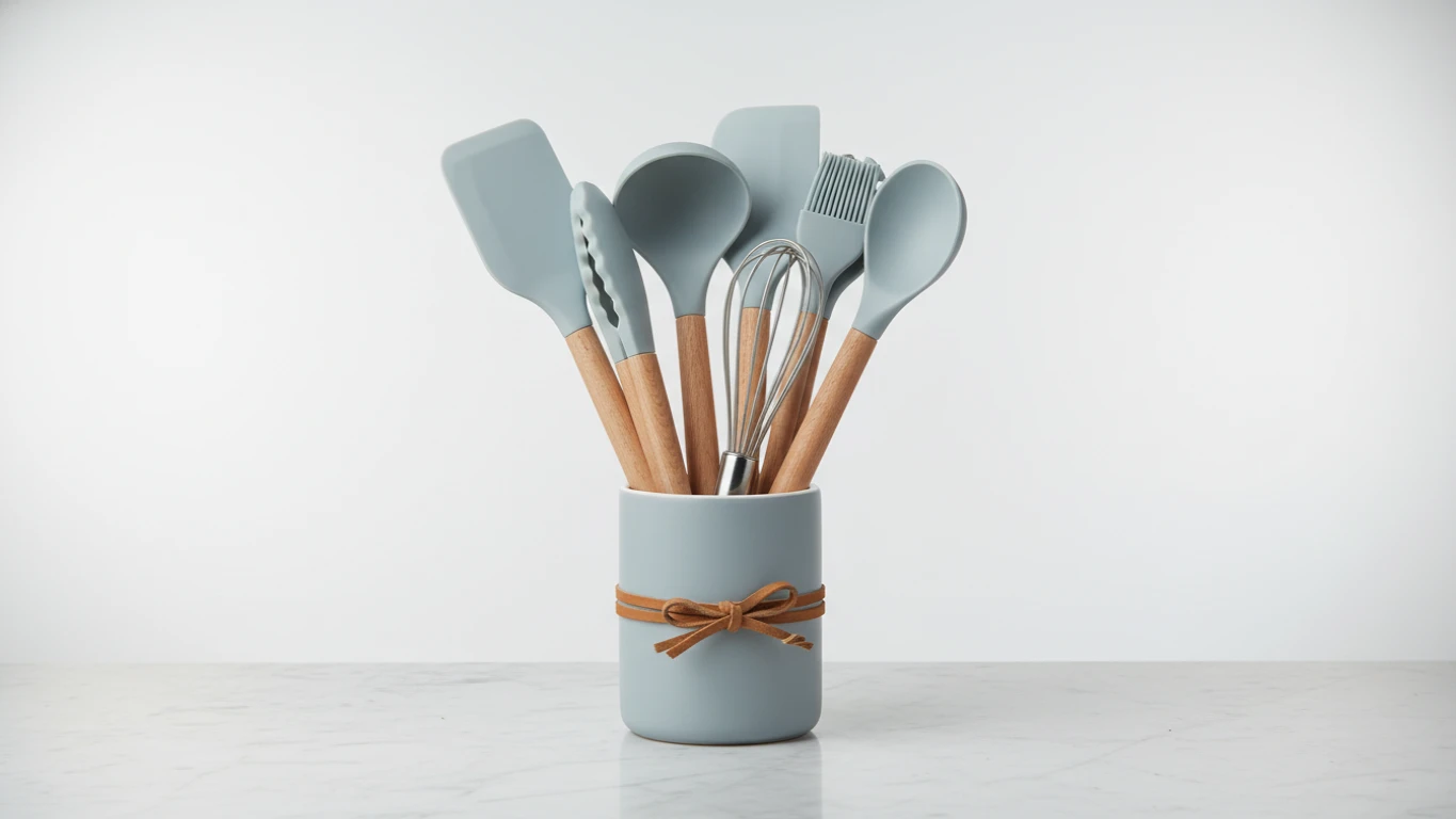 Kit de Utensílios de Cozinha em Silicone e Madeira