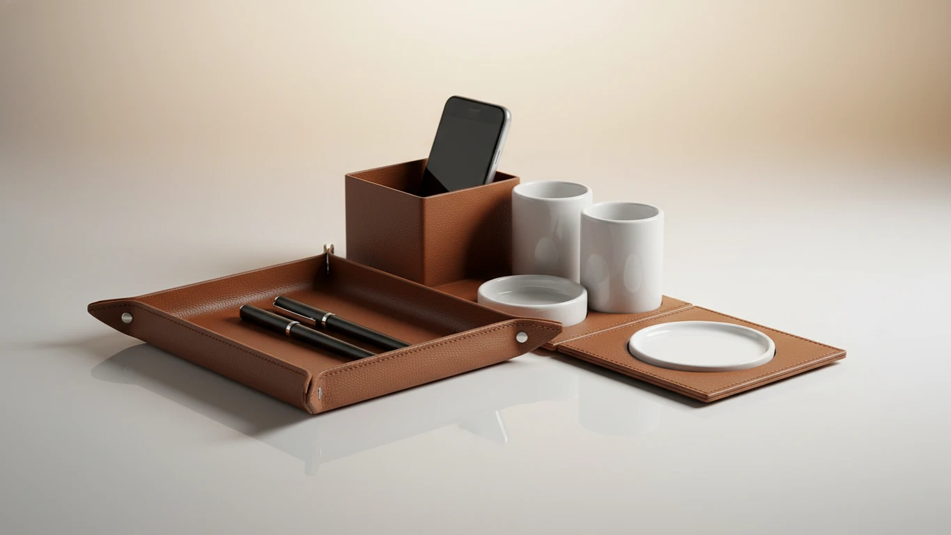 Organizador de Mesa em Couro e Porcelana