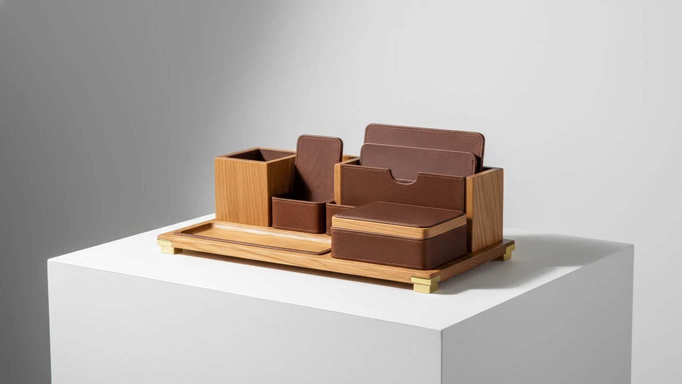 Organizador de Mesa em Madeira e Couro