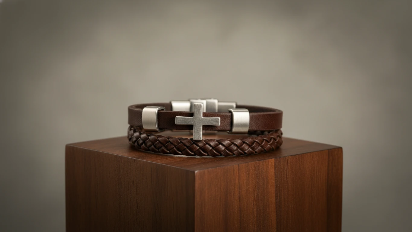 Pulseira de Couro Masculina com Cruz