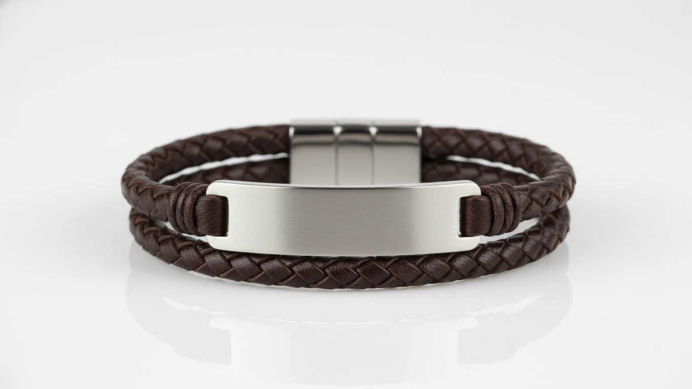 Pulseira de Couro Masculina com Placa