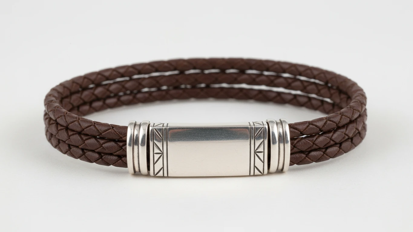 Pulseira de Couro Trançado com Detalhe em Prata