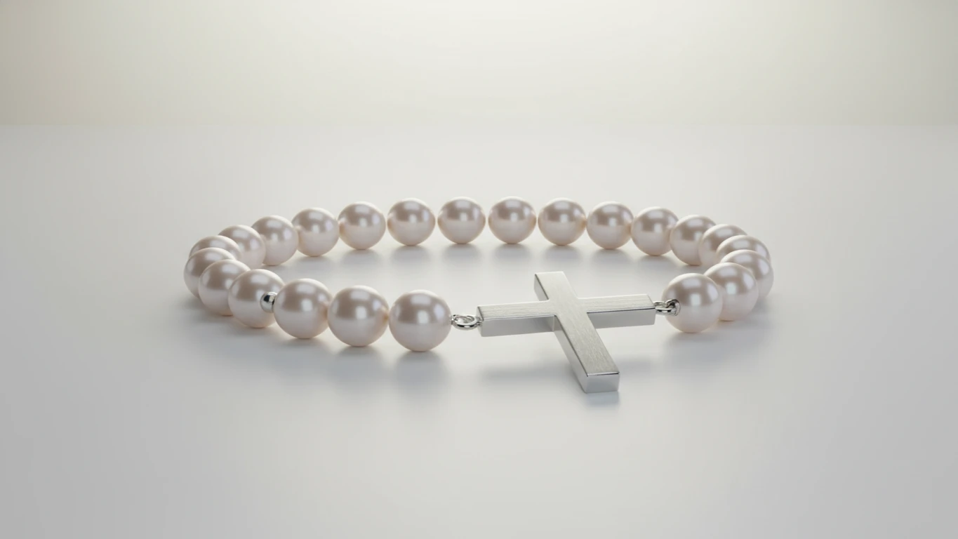 Pulseira de Pérolas com Cruz de Prata
