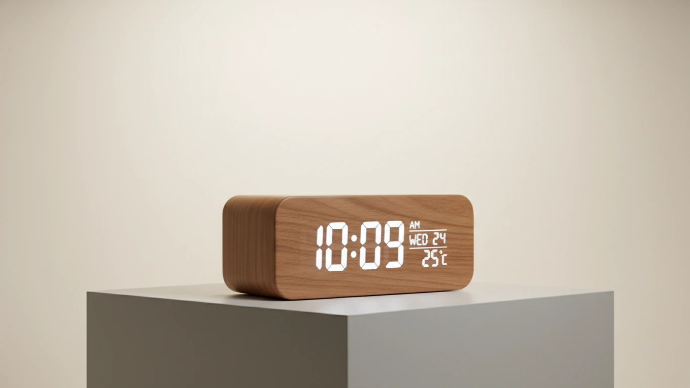 Relógio de Mesa Digital com Acabamento em Madeira