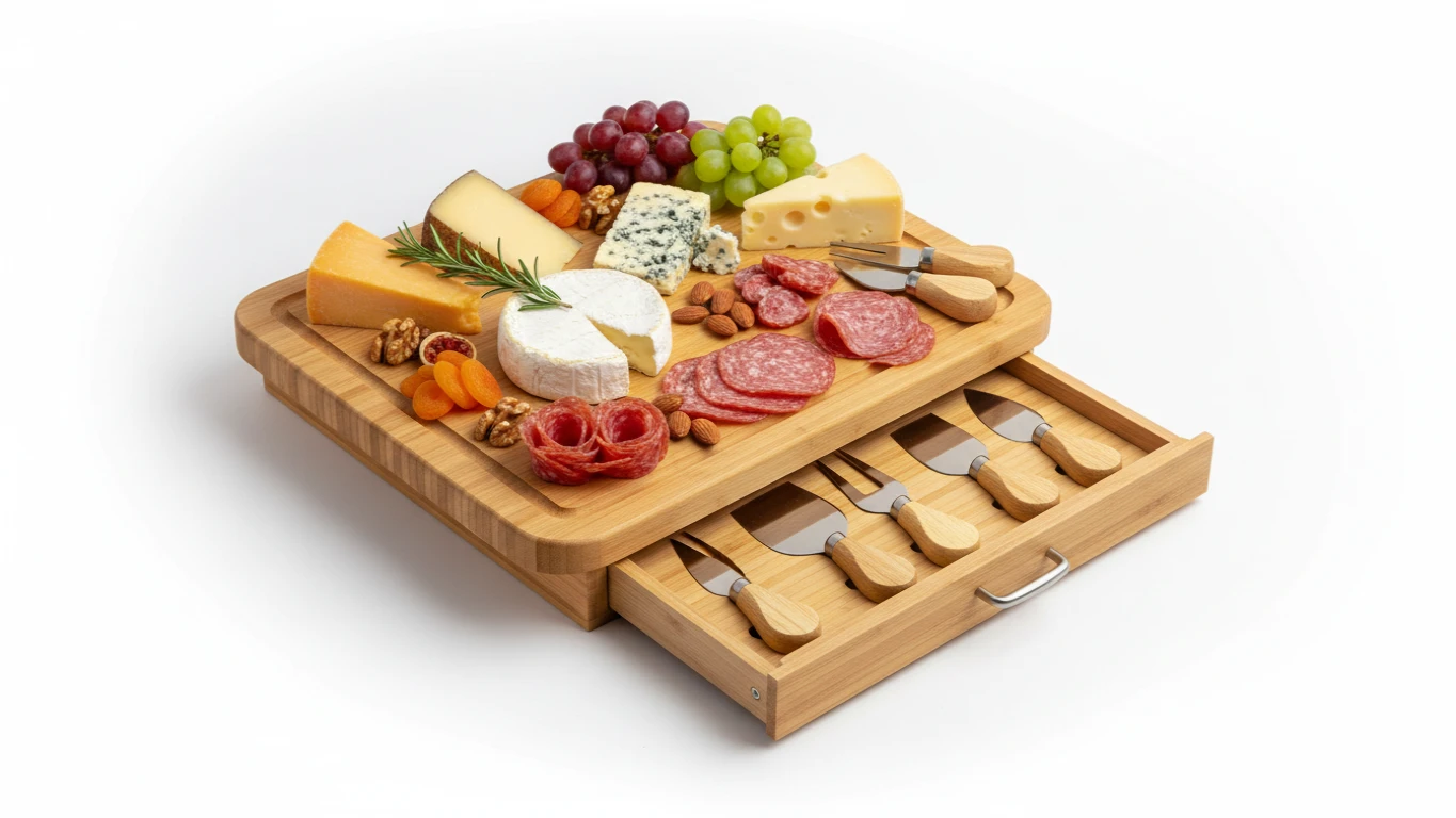 Tábua de Queijos e Frios em Bambu com Gaveta