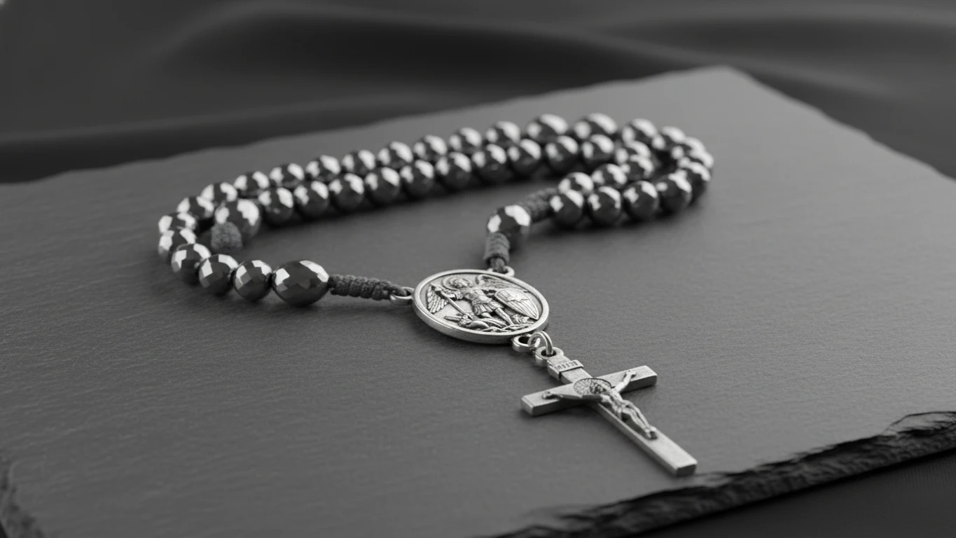 Terço de Hematita com Medalha de São Miguel