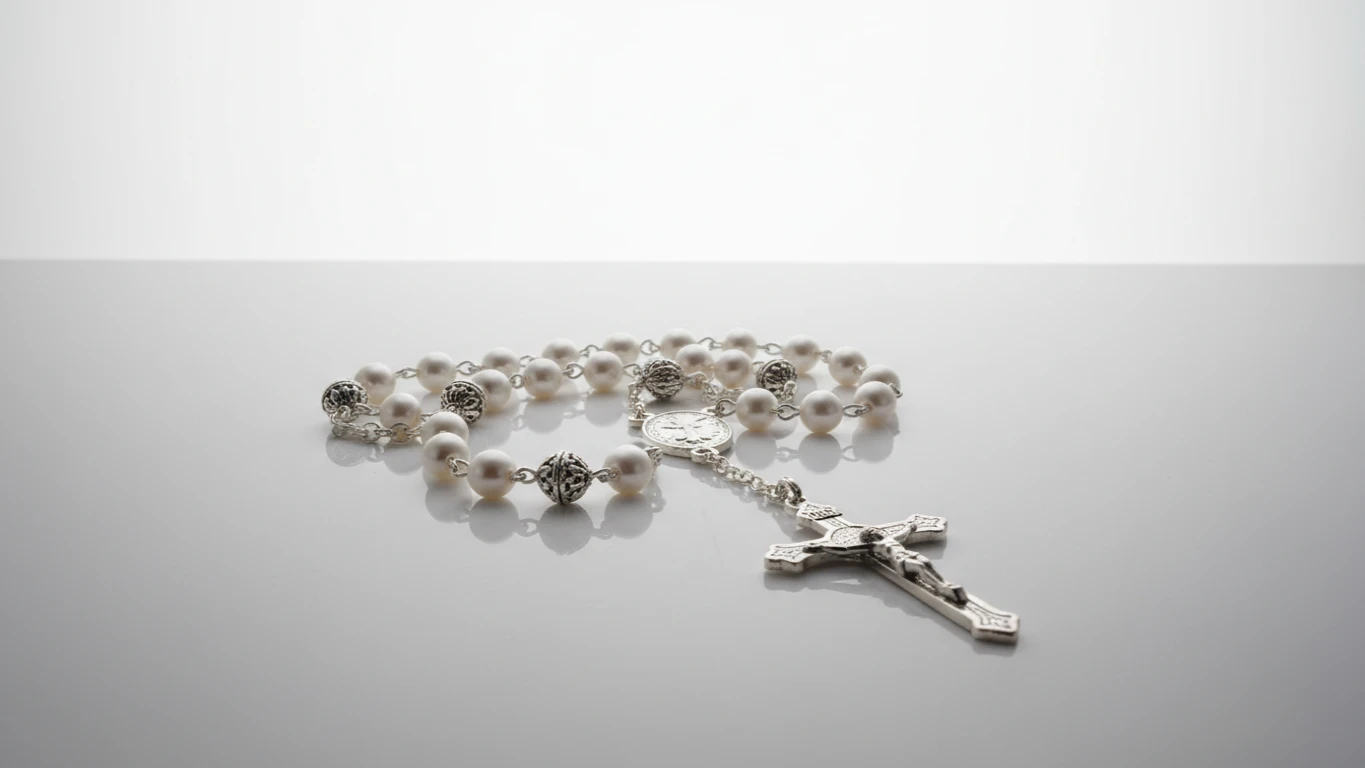 Terço de Pérolas com Detalhes em Prata