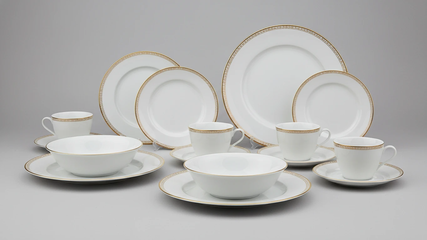 Aparelho de Jantar em Porcelana com Filetes Dourados