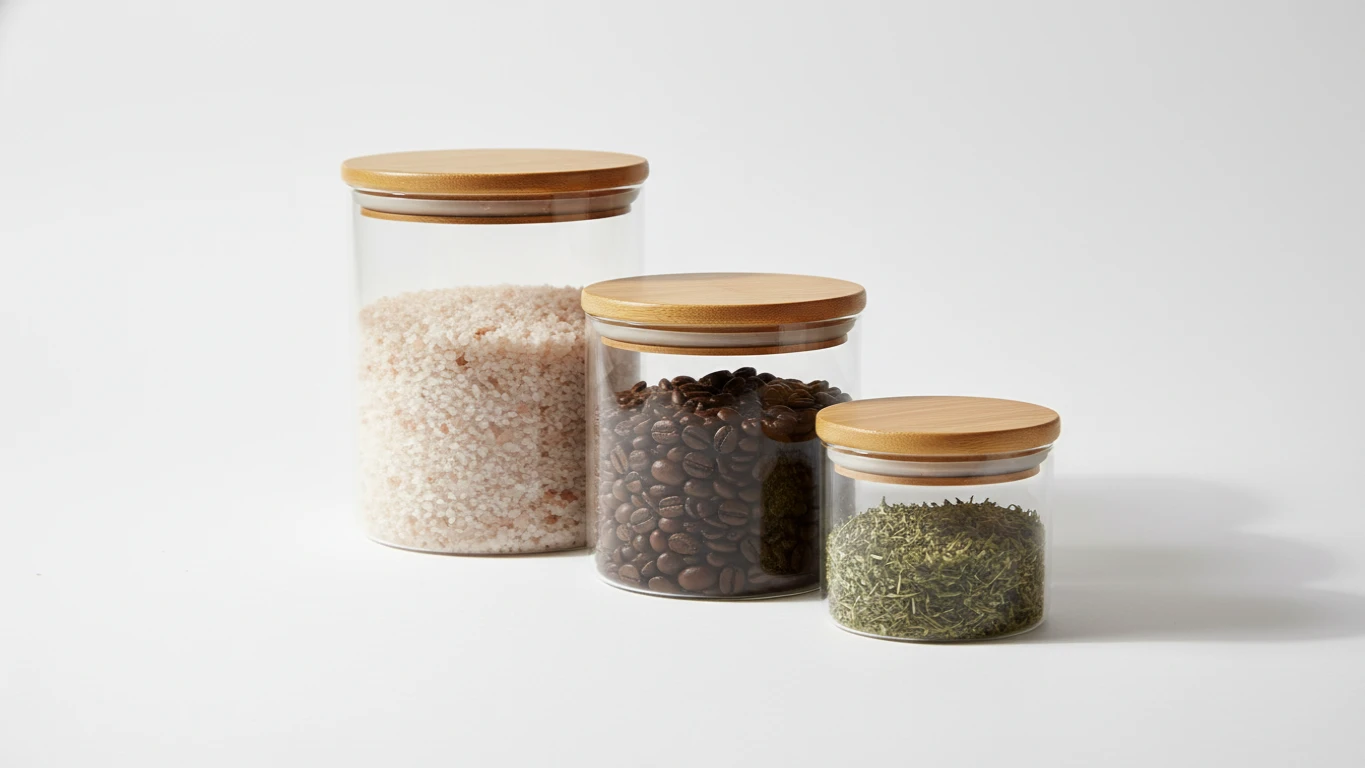 Conjunto de Potes de Vidro com Tampa de Bambu
