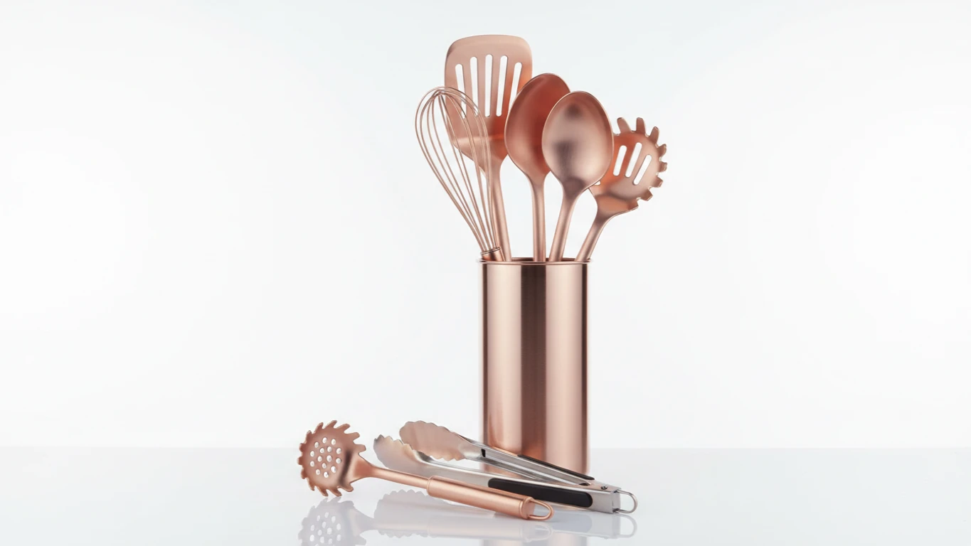 Conjunto de Utensílios de Cozinha em Metal Rosé