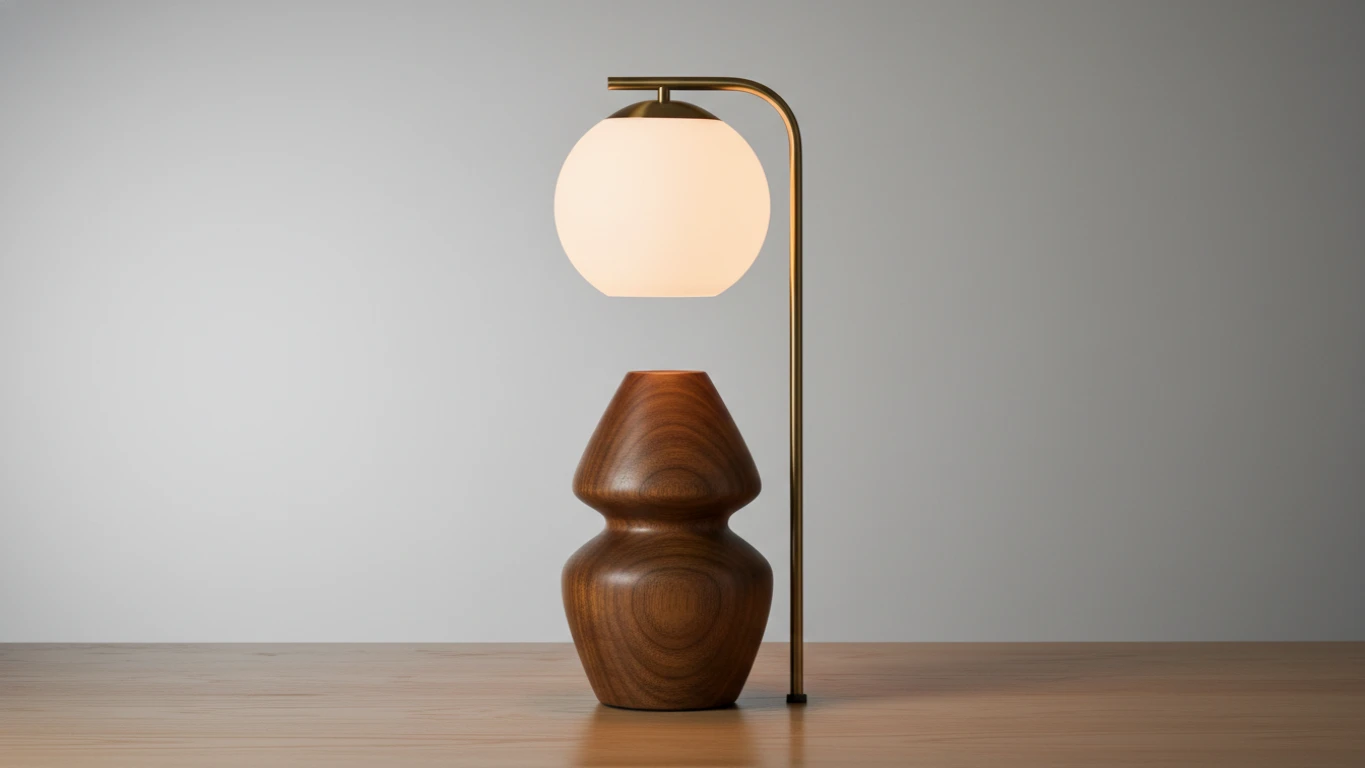 Luminária de Mesa com Base de Madeira Torneada