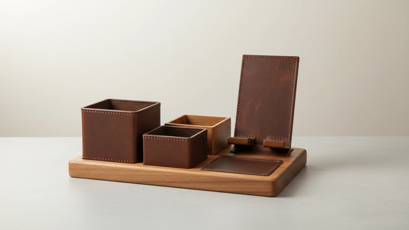Organizador de Mesa em Couro e Madeira