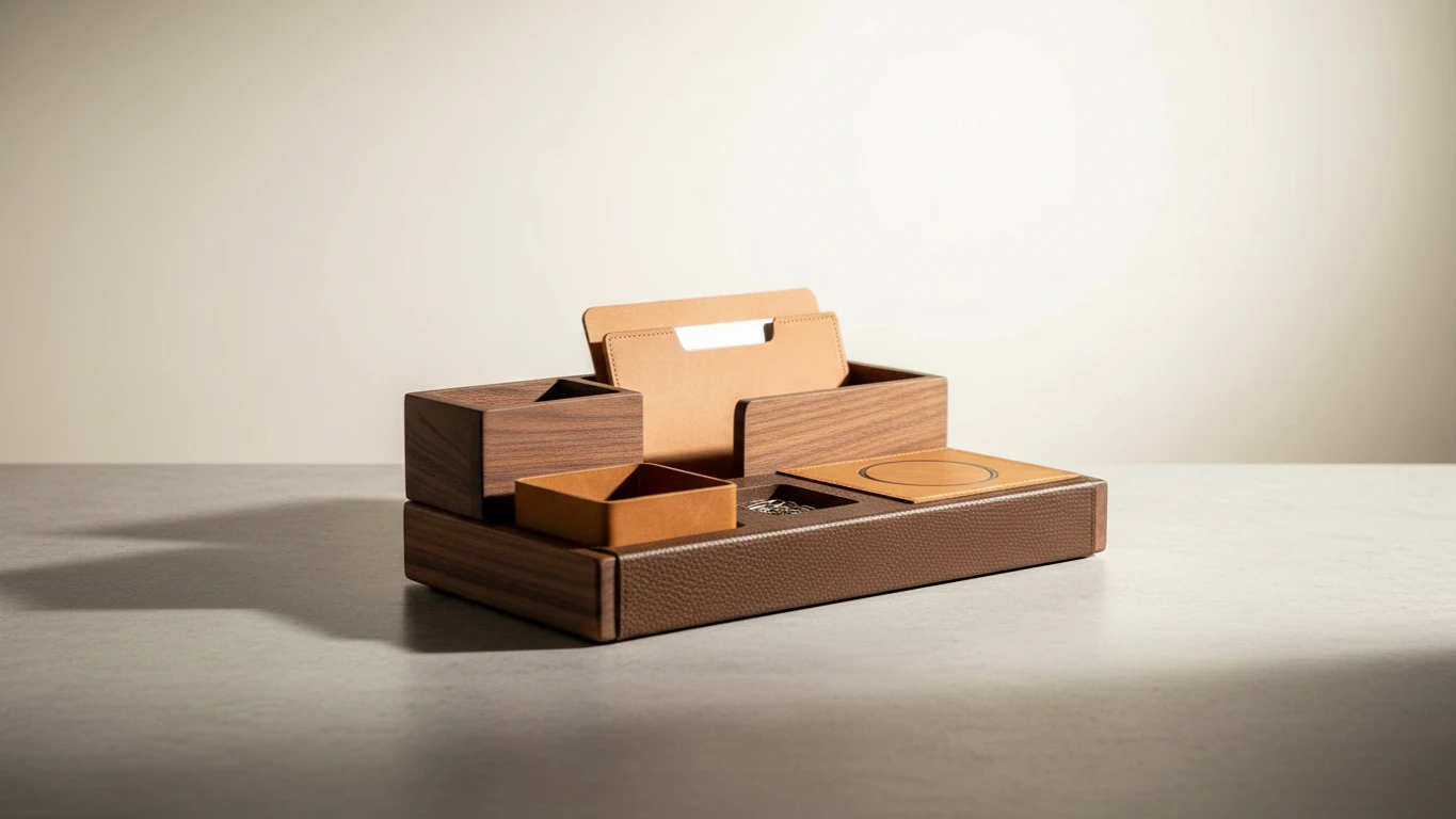 Organizador de Mesa em Madeira e Couro