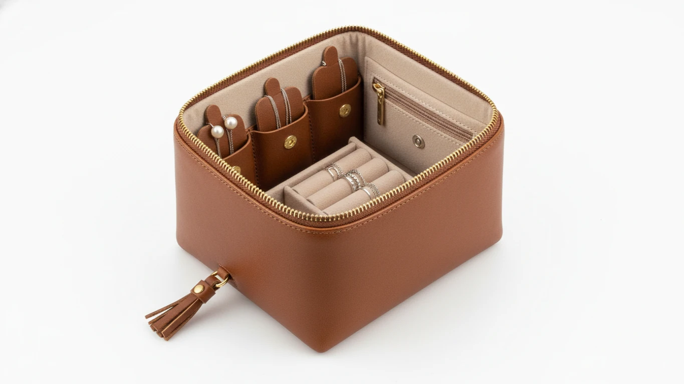 Porta-Joias de Bolsa de Couro com Divisórias