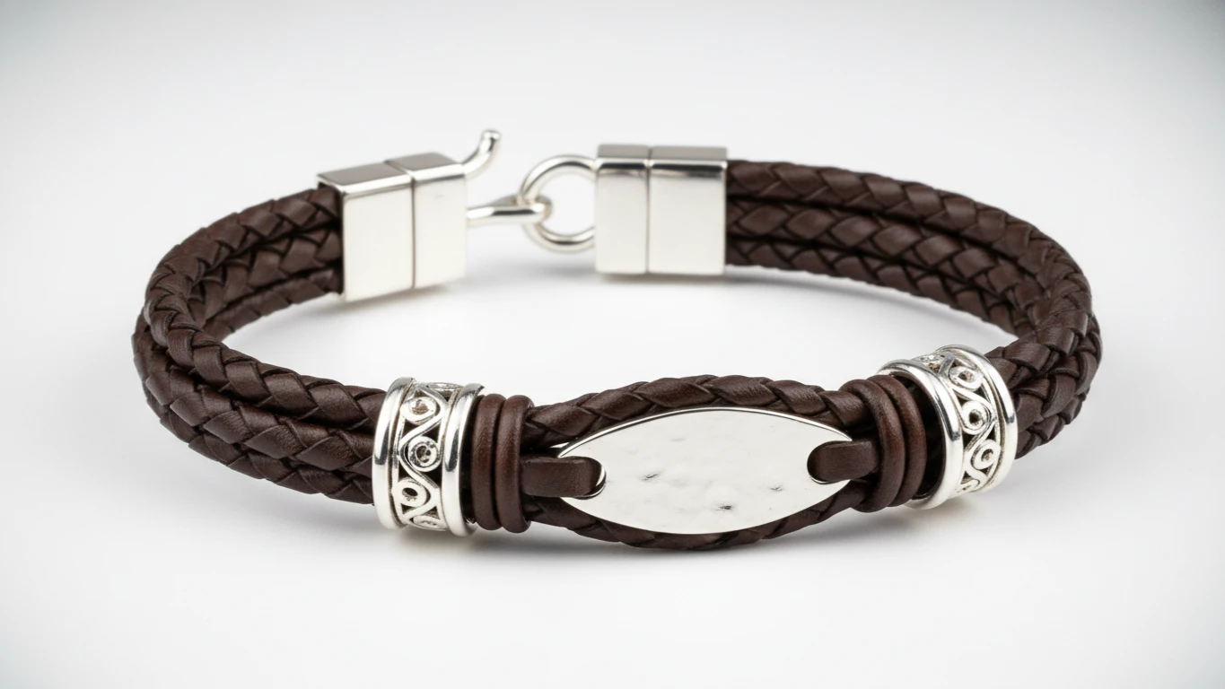 Pulseira de Couro com Detalhes em Prata