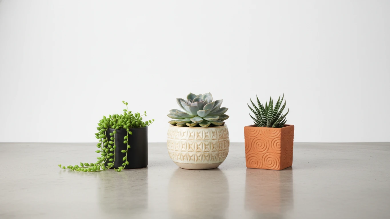 Trio de Suculentas em Vasos Decorativos