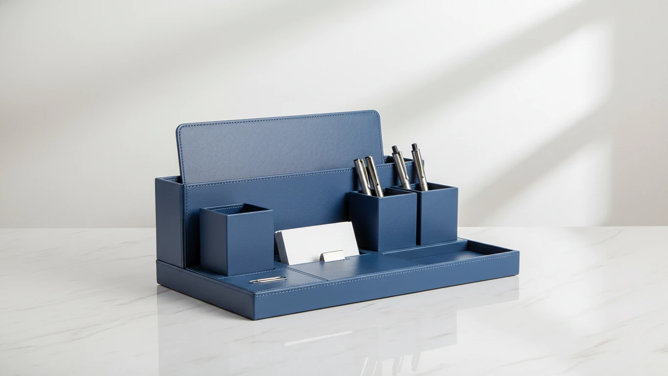 Organizador de Mesa em Couro Azul